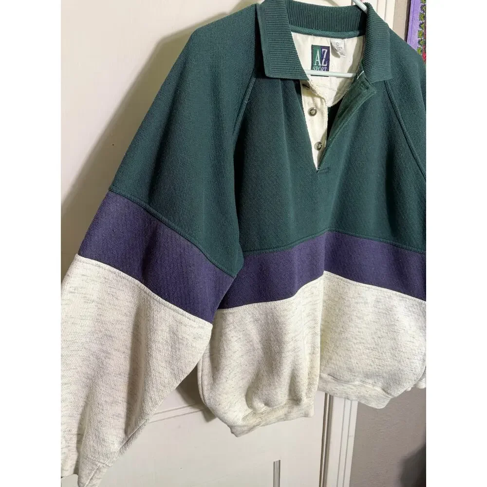 Vintage AZ Sport Colorblock Rugby Sweatshirt Green Purple 90s Pullover Men's L